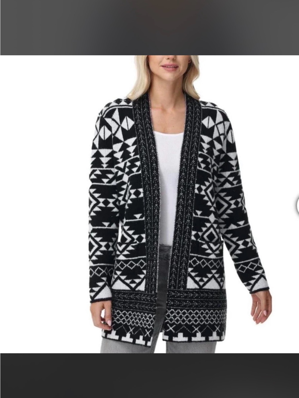 FRYE Black and White Geometric Open-Front Sweater Cardigan
